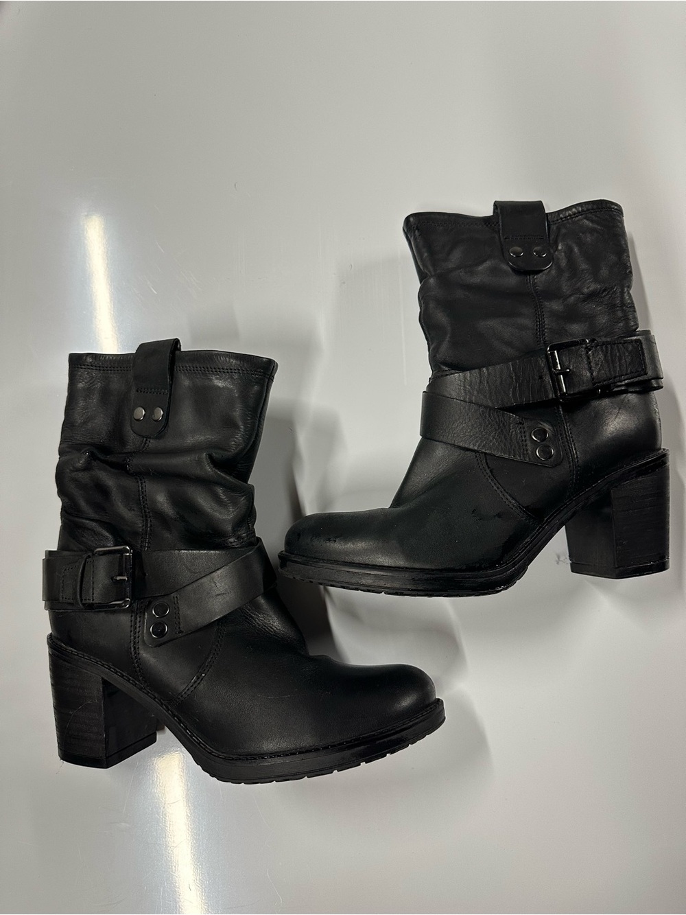 Aldo Black Leather Mid-Calf Block Heel Boots